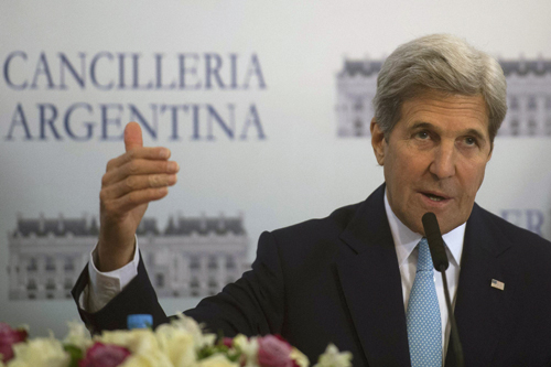 US Secretary of State John Kerry speaks during a joint press conference along with Argentina’s Foreign Minister Susana Malcorra (not seen) in Buenos Aires, on Thursday (AFP photo)